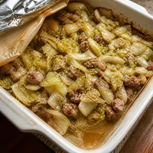 Uncovered casserole with cooking juices visible