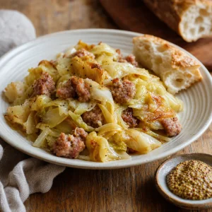 Warm serving of casserole with bread and mustard