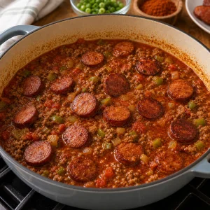 크리올 소고기 토마토 소스에 끓는 안두이 소시지 조각