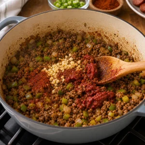 소고기에 더한 마늘, 케이준 향신료, 토마토 페이스트
