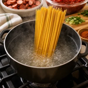 끓는 물 냄비에 넣는 스파게티 면