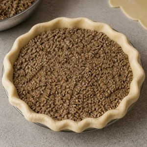 Cooled meat filling spread evenly inside the bottom crust