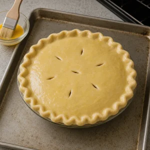 Egg-washed tourtiere sitting on a rimmed baking sheet before baking