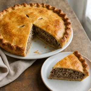 Finished Canadian tourtiere meat pie with a slice on a plate