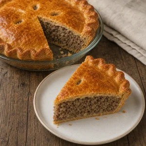 Rested tourtiere sliced cleanly with a wedge on a plate