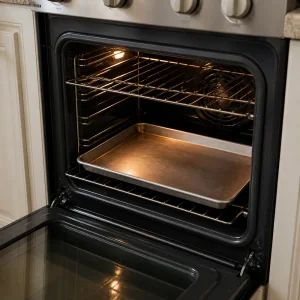 Rimmed baking sheet placed on the lower oven rack