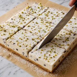 Chilled cannoli slab dusted and cut into squares
