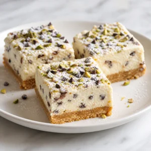 Finished cannoli squares plated with pistachios and powdered sugar