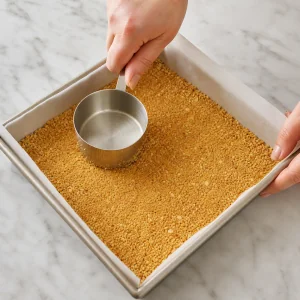 Vanilla wafer crumb crust pressed into a square pan