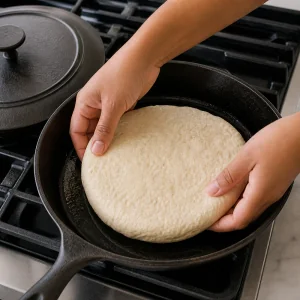 둥근 반죽을 기름을 살짝 바른 무쇠 팬에 올리는 모습