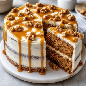Finished carrot cake with salted caramel and walnuts