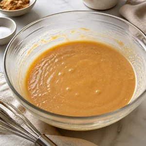 Smooth wet cake mixture in a glass bowl