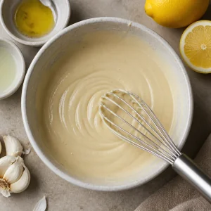 Gładki sos tahini w misce z trzepaczką