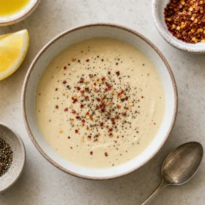 Sos tahini posypany płatkami czerwonej papryki i czarnym pieprzem