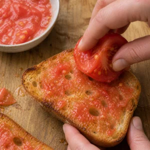 Pomodoro tagliato strofinato sul pane tostato