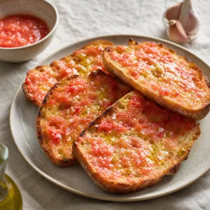 Pane catalano al pomodoro finito con olio d'oliva e sale in fiocchi