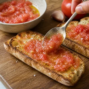 Pomodoro grattugiato distribuito sul pane strofinato con aglio