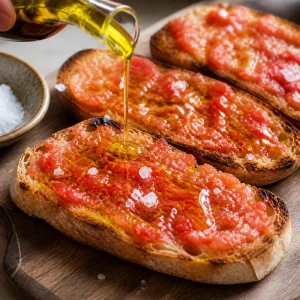 Olio d'oliva versato sul pane strofinato con pomodoro