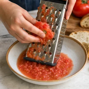 Pomodoro maturo grattugiato in una ciotola bassa