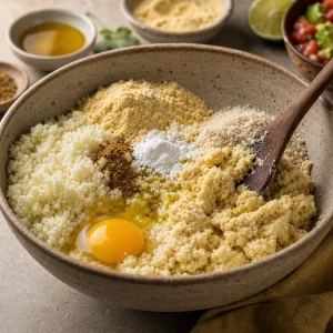 Blumenkohl-Masa-Teig mit Ei und Gewürzen in einer Schüssel