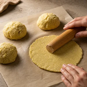 Portionen Blumenkohl-Masa-Teig auf Backpapier flachgedrückt