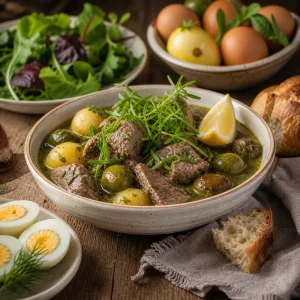 Chakapuli servito con patate, pane, uova e insalata