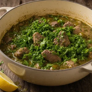 Erbe fresche incorporate nello stufato tenero di agnello