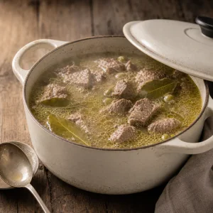 Stufato di agnello che sobbolle con coperchio semiaperto
