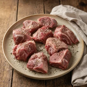 Pezzi di agnello crudo con sale e pepe nero