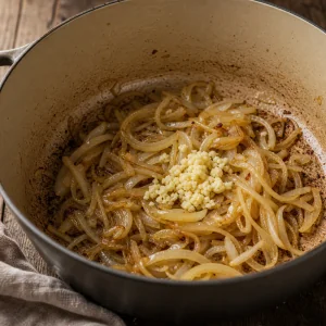 Cipolle affettate e aglio tritato in cottura nella pentola
