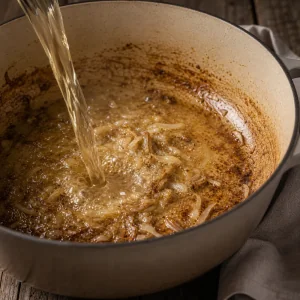 Vino bianco che sobbolle con cipolle caramellate nella pentola