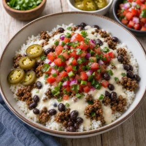 Cheesy beef and rice queso bowl topped with fresh pico de gallo and cilantro