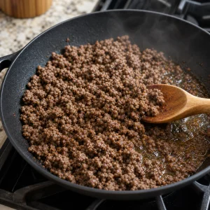 Ground beef browning in a skillet for queso rice bowls