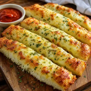 Cheesy garlic bread sticks with melted mozzarella and Parmesan served with marinara