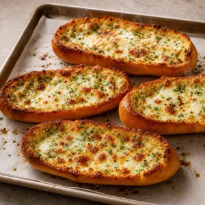 Gebackene Knoblauch-Gondeln mit blubbernd gebräuntem Käse auf dem Blech.