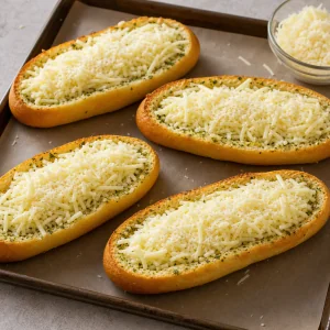 Brotschiffchen gefüllt mit geriebener Mozzarella und Parmesan.
