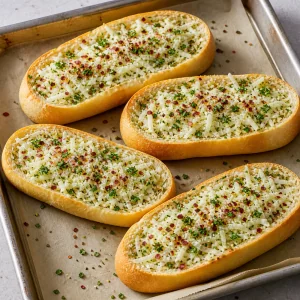 Mit Käse gefüllte Brotschiffchen mit Petersilie und Chiliflocken.