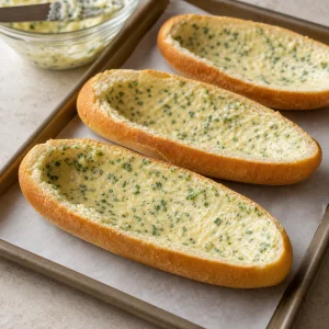 Knoblauchbutter in den ausgehöhlten Brotschiffchen verteilt.