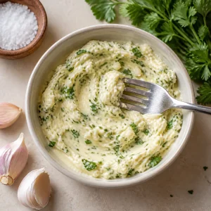 Knoblauch-Kräuter-Butter in einer kleinen Schüssel verrührt.