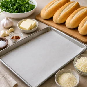 Mit Backpapier ausgelegtes Blech mit Brötchen und Zutaten für Knoblauchbrot.