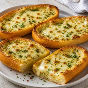 Warme käsige Knoblauch-Gondeln auf einer Servierplatte.