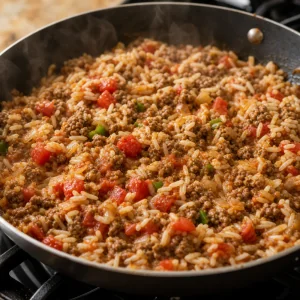 Pomodori a cubetti con peperoncini verdi e riso cotto sobbollono con carne speziata