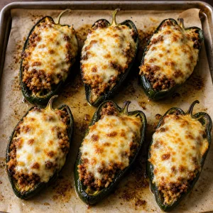 Poblano ripieni cotti con formaggio fuso dorato e spumeggiante