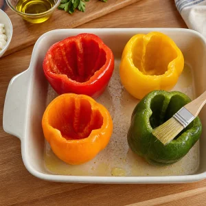 베이킹 접시에 담아 올리브유를 바른 손질한 피망