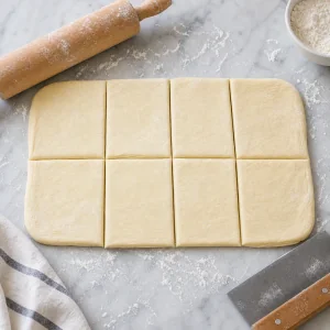 Impasto danese freddo steso e tagliato in otto quadrati