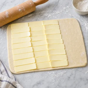 Fette di burro freddo disposte su due terzi dell’impasto danese steso