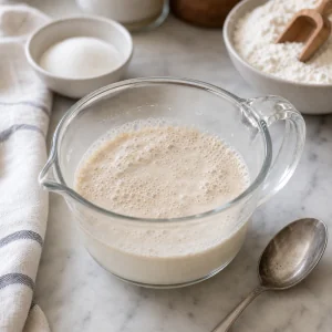 Miscela di lievito schiumosa nel latte tiepido per l’impasto danese