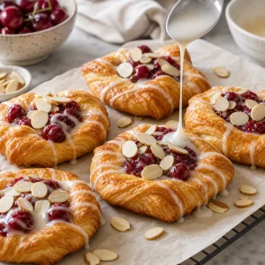 Danish alle ciliegie tiepidi con glassa alla mandorla e mandorle a lamelle