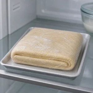 Impasto danese laminato avvolto che riposa in frigorifero