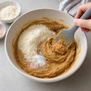 Adding coconut flour, baking soda, and salt to form almond butter cookie dough